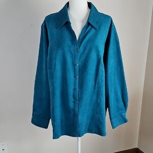 Liz&Me Catherines 2X Button Blouse Suede Look Blue V Neck Sleeves Office